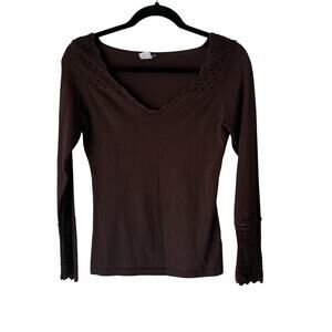 Venus Sweater‎ Y2k Small Brown Crochet Trim Long Sleeve Pullover Fairy Top
